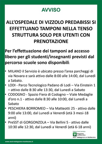Avviso ASST Melegnano e Martesana: punti tamponi